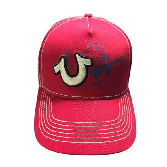 True Religion Red Trucker Hat Snapback OSFM Men's Y2K Streetwear Buddha Logo NEW - Picture 2 of 8